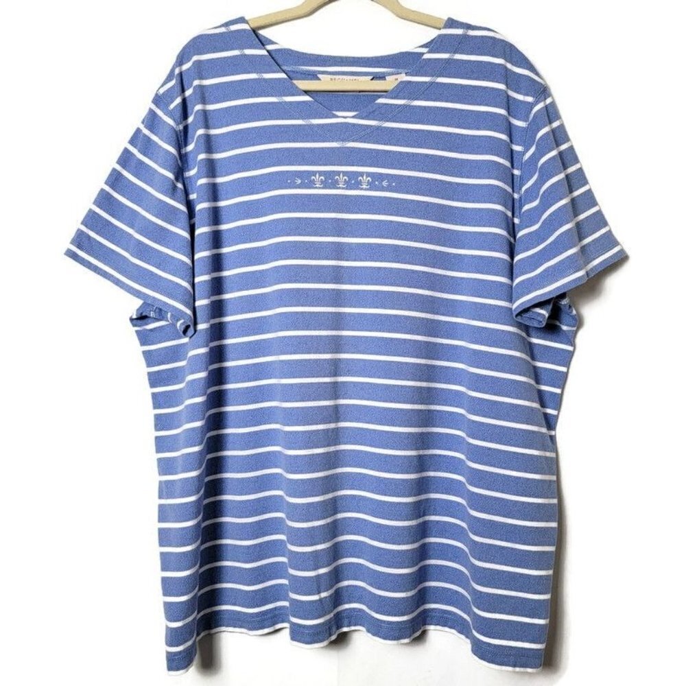 Bechamel II Blue White Striped Fleur De Lis Nautical Short Sleeve Blouse Top 3X
